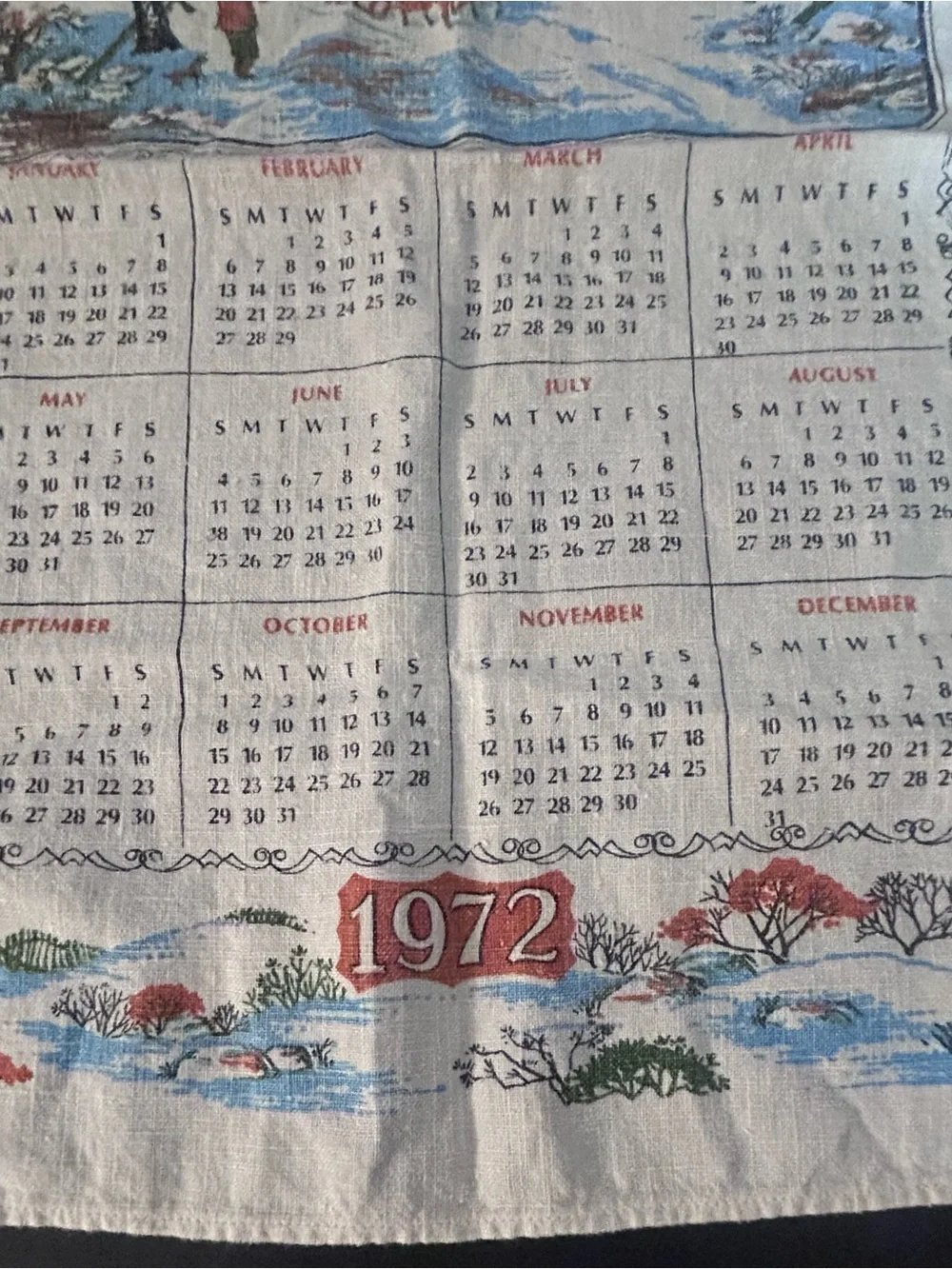Vintage 1972 Winter Calendar Tea Towel - Cream with Red and Blue